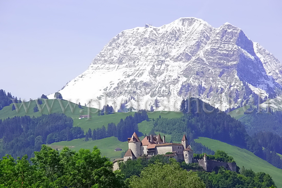 Le Moléson enneigé et le château de Gruyère dans sa verdure