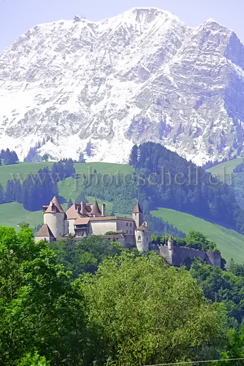 Le Moléson enneigé et le château de Gruyère dans sa verdure