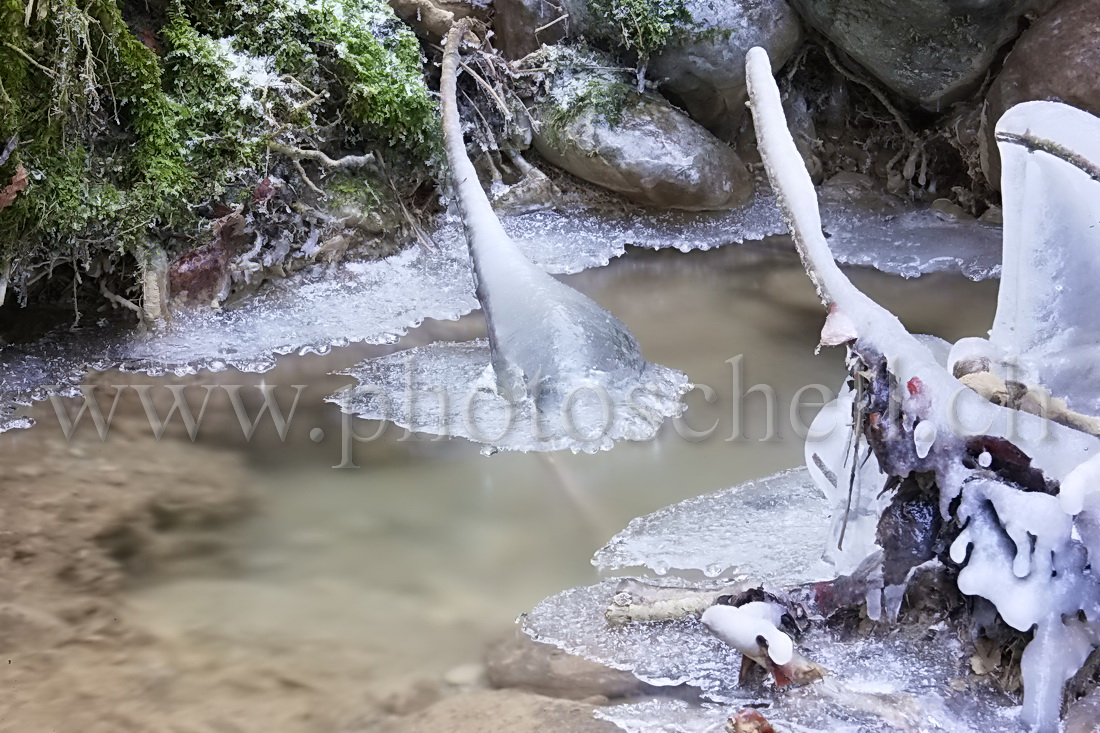 Sculptures de glaces au-dessus du ruisseau